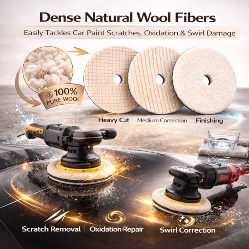 6 Inch Wool Buffing Pads, 3PCS Wool Cutting & Polishing Pad Kit for DA Polisher, Low Lint Paint Correction Pads