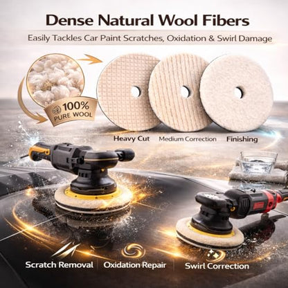 6 Inch Wool Buffing Pads, 3PCS Wool Cutting & Polishing Pad Kit for DA Polisher, Low Lint Paint Correction Pads