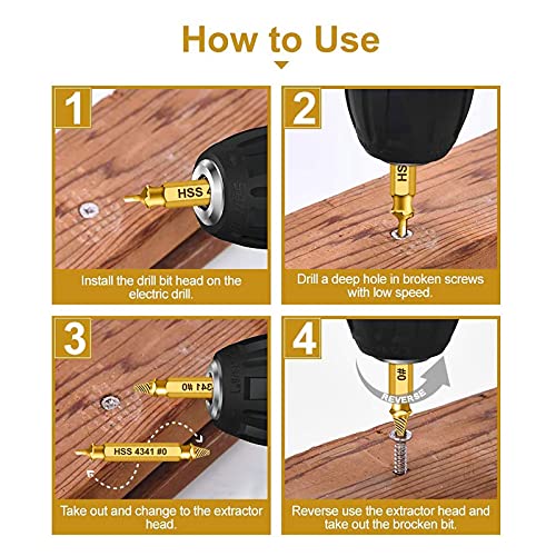 HSS 4341 Damaged Screw Extractor Set, 5-Piece Dual-Ended Drill Bit Kit, Sizes #0-#4, for Stripped, Broken, and Rusty Screws, Superb Gift for Men | High Speed Steel | Gold - style: 60326-G5