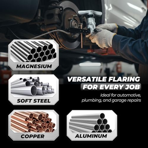 Flexzion 45° Eccentric Copper Pipe Flaring Tool Kit for HVAC Mini Splits | Tube flaring tool covers 7 OD sizes, 3/16 to 3/4 in, for copper, brass, aluminum, mild steel, and single-flare brake lines