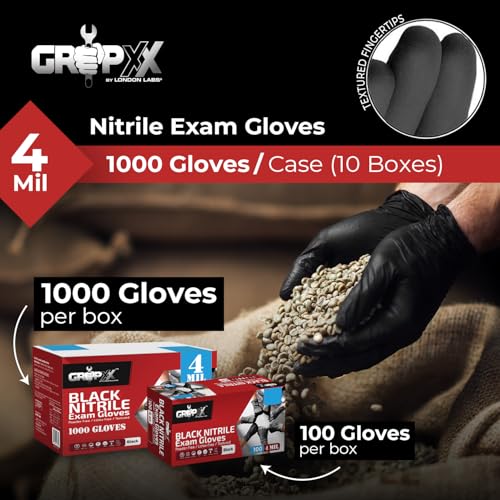 London Labs Black Nitrile Gloves Disposable Latex Free & Powder Free, 4 Mil Rubber Glove, Cleaning, Cooking, Mechanic(XS-XXL) - size: Large, style: 1000 Count