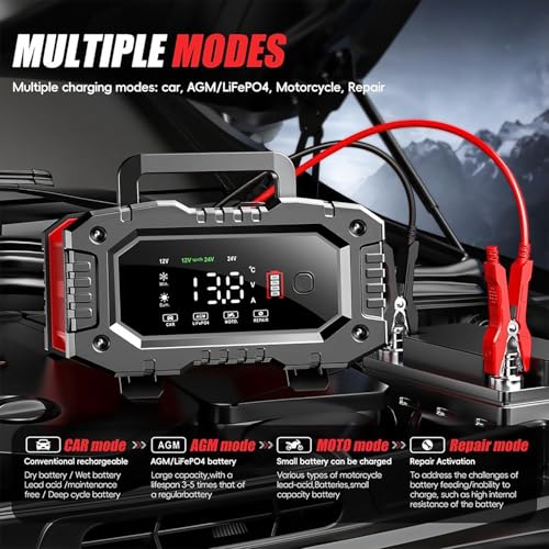 Car Battery Charger 20Amp, 12V 24V LiFePO4 Lead Acid Automatic Smart Battery Maintainer,Trickle Charger Automotive & Desulfator, Repair & Winter Mode w/Protections For AGM STD Gel Deep Cycle Batteries
