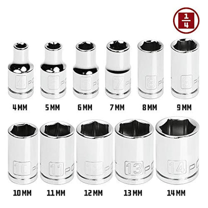 Powerbuilt 11 Piece Metric Shallow Socket Set, 1/4-Inch Drive, 6 Point, Dual Grease Rings, Size Markings - 640498, Silver - size: Metric