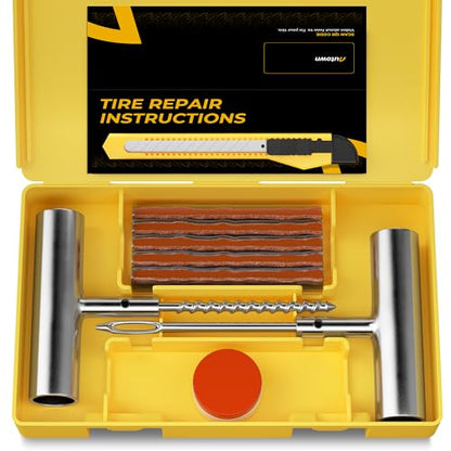 AUTOWN Flat Tire Repair Kit 15pcs, Heavy Duty Tire Plug Kit to Fix Puncture | Tire Patch Kit with Portable Storage Case, Emergency Tool for Car, Motorcycle, ATV, UTV, RV, Trailer, Tractor, Jeep, and More
