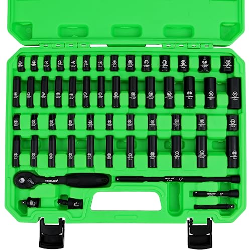 SWANLAKE 1/4" Drive Impact Socket Set, 56-Piece Standard SAE (5/32 to 9/16 inch) and Metric (4-15mm) Size, 6 Point, Cr-V, 1/4-Inch Drive Ratchet Handle, Drive Extension Bar, Impact Universal Joint - style: 1/4'' 56PCS