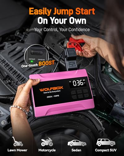 WOLFBOX 2000A Jump Starter with Air Compressor, 37Wh Car Battery Booster Jumper Starter Portable(up to 5L Gas Engine), 12V Jump Box Pack with 150PSI Tire Inflator, Jumper Cables, LED Light — Hot Pink - color: Hot Pink