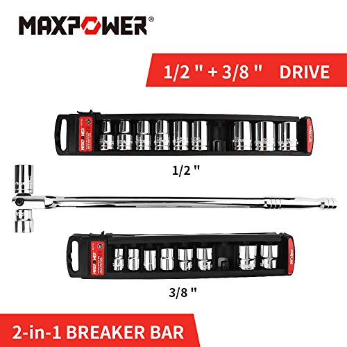 MAXPOWER 18-inch Breaker Bar Dual drive 1/2" and 3/8", Flex Handle for Breaks Loose Fasteners, Cr-V Steel, 360-degree Rotating, Comforable Grips Handle - size: 18 inch Dual Drive 3/8"+1/2" Phosphated