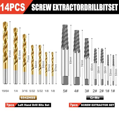 14 Pcs Screw Extractor Set with Left Hand Drill Bits, Heavy Duty Easy Out Broken Bolt Remover Kit, Reverse Cobalt HSS Steel for Stripped Screws, Damaged Bolts & Rusted Fasteners