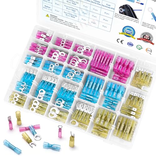 TICONN 400Pcs Heat Shrink Wire Connectors, Waterproof Automotive Marine Electrical Terminals Kit, Crimp Connector Assortment, Ring Fork Spade Butt Splices - style: 400PCS Combo