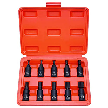 HEX Bit Socket Set, Premium Cr-Mo Steel | 10-Piece Metric 3mm - 14mm Set | 3/8-Inch Drive | Enhanced Storage Case… - size: Hex Bit