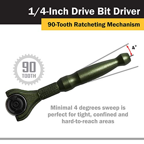 Titan Tools 11325 1/4-Inch Drive x 4-Inch 90-Tooth Swivel Head Micro Ratcheting Bit Driver - Green - style: Swivel Head - Green