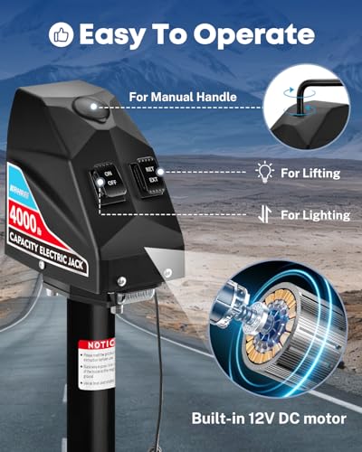 Kohree Electric Trailer Jack 4000lbs, Heavy Duty RV Electric Power Tongue Jack for Travel Trailer A-Frame Camper, with Manual Crank Handle & Weatherproof Cover, 22" Lift, 12V DC with Wiring - size: 4000 LBS with Standard Wiring
