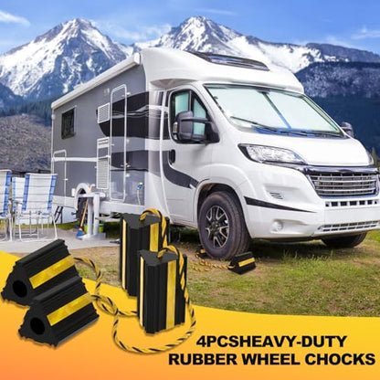 Okllen 2pair/4pack Wheel Chocks with Rope for RV Truck Trailer Camper Car, Heavy Duty Rubber Tire Chocks Blocks with 3 Reflective Strips, Anti-Roll Immobilizer Blocks