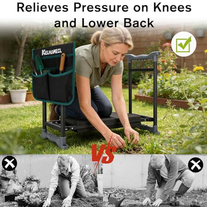 Garden Kneeler and Seat with Umbrella, 2-in-1 Foldable Gardening Stool with Adjustable Bracket, Detachable Tool Bags, Heavy Duty Kneeling Pad for Gardening (Beige Green) - color: Beige & Green