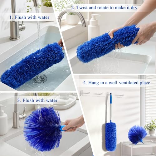 Cobweb Duster with Extension Pole 100 inches, Dusters for Cleaning with 2 Duster Heads, Washable Microfiber Feather Duster for Cleaning Ceiling Fan, High Ceiling, Blinds, Furniture & Cars - color: 2pc-blue