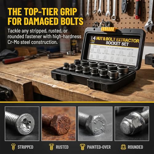 Bolt Extractor Set Heavy Duty, 14Pcs Impact Nut & Bolt Remover Kit with 3/8" Adapter, Stripped Lug Nut Extractor Tool for Rusted, Rounded, Damaged Nuts & Screws - size: 14PCS