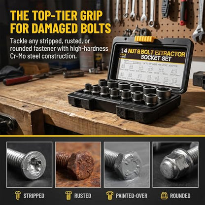 Bolt Extractor Set Heavy Duty, 14Pcs Impact Nut & Bolt Remover Kit with 3/8" Adapter, Stripped Lug Nut Extractor Tool for Rusted, Rounded, Damaged Nuts & Screws - size: 14PCS
