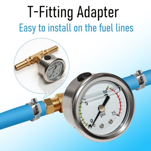 0-15Psi Fuel Pressure Test Kit, Fuel Pressure Gauge Kit, Glycerin Filled Fuel Pressure Regulator with Gauge for Car, 1/8'' NPT Inline Fuel Pressure Gauge with 3/8'' 5/16'' Barb, Back Mount