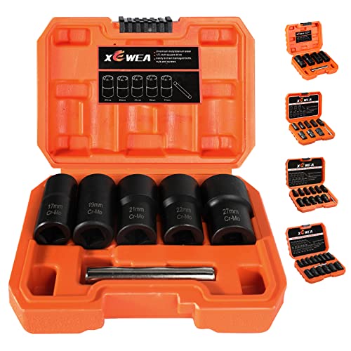 XEWEA Twist Socket Set with Center Punch Bar, 6PCS 1/2" Drive Metric Lug Nut Remover Tools for Broken, Stripped, Rounded Bolts & Nuts Screws -17mm 19mm 21mm 22mm 27mm - color: 6pcs 1/2" Drive