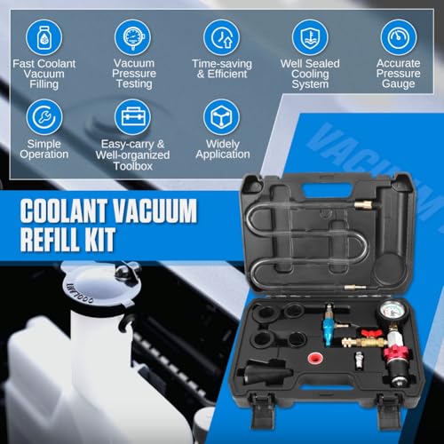 Coolant Vacuum Refill Kit Time-saving Vacuum Coolant Refill Kit Well-sealed Cooling System Vacuum Purge & Refill Kit with Pressure Gauge, 5 Sizes Adapters, Long Coolant Filling Hose for All Vehicles