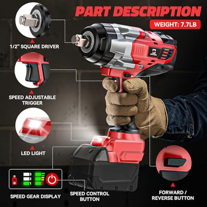 Cerycose Cordless Impact Wrench 1/2 inch Compatible with Milwaukee 18V Battery: 1700FT-LBS High Torque Impact Wrench with 6 Sockets & Case, Brushless Electric Impact Gun with LED Work Light, Bare Tool - size: 1/2inch, style: Fit for Milwaukee（include 6 So