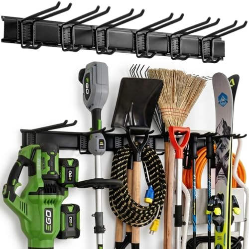 Aking Ace Garage Tool Organizer Wall Mount, 48-Inch Heavy Duty Garden Tool Rack for Shed, Holds 350lbs, Adjustable Storage Hanger for Shovel, Rake, and Power Tools - size: 3 Rail 6 Double Hooks