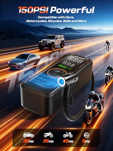 Tire Inflator Portable Air Compressor, 150PSI Electric Air Pump with Digital Pressure Gauge, Fast Inflation, Auto Shut-Off, 12V LED Light, Compact&Cordless Quick Inflation for Car, Motor, Bikes, Balls