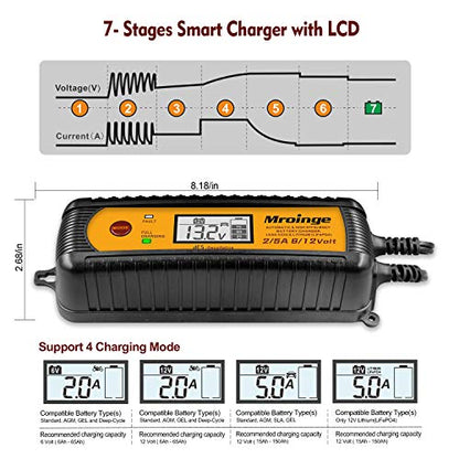 Smart Battery Charger, Mroinge 5A 6V/12V Automatic Battery Charger/Maintainer/Desulfator for Cars, SUVs, Trucks and More, Suitable for Charging Lead-Acid & Lithium (LiFePO4) Batteries