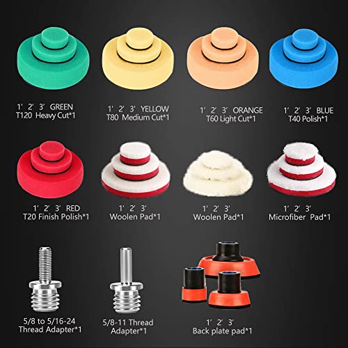 SPTA 29pcs Drill Buffing Pad Detail Polishing Pad Mix Size Kit with 5/8-11 Thread Backing pad & Adapters for Car Sanding, Polishing, Waxing (29Pcs Mini Polishing Pad Set2) - color: 29Pcs Mini Polishing Pad Set2
