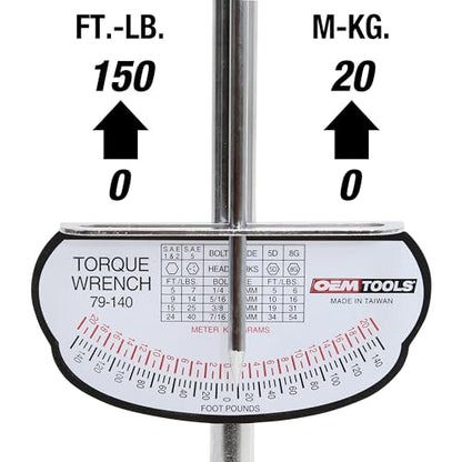 OEMTOOLS 79-140 Torque Wrench 1/2 Drive, Beam Style, 0–150 Ft/Lb Dual Scale, Inch Pound and Newton Meter, for Cars, Motorcycles, Bikes, and Marine Equipment - style: 0-150 Ft/Lbs