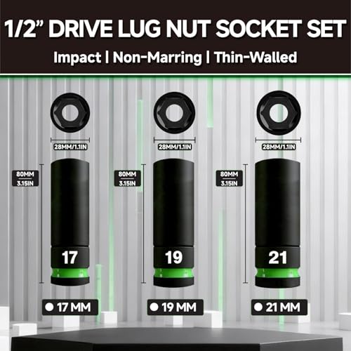 Lug Nut Socket Set, 3-Piece 1/2-inch Drive Thin Wall Impact Socket Set for Wheel Nuts, Metic 17 19 21mm Non-Marring Wheel Protector Removal Tool, Cr-Mo Steel, PTM02003 - size: 3-Piece
