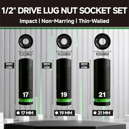 Lug Nut Socket Set, 3-Piece 1/2-inch Drive Thin Wall Impact Socket Set for Wheel Nuts, Metic 17 19 21mm Non-Marring Wheel Protector Removal Tool, Cr-Mo Steel, PTM02003 - size: 3-Piece