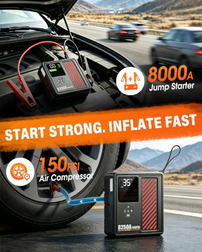 JFEGWO 8250A Jump Starter with 150PSI Air Compressor, 12V Car Battery Booster, 24000mAh Portable Tire Inflator for 12L Gas/10L Diesel, LED Display, LED Light, Storage Case, Jumper Cables