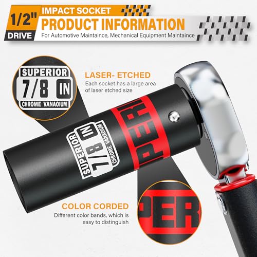 1/2" Drive Impact Socket, 7/8 inch Deep Socket, SAE, 6 Point, CR-V, for Car Repair, Loosen the Fastening Nut - size: 1/2" Drive 7/8 Inch Deep