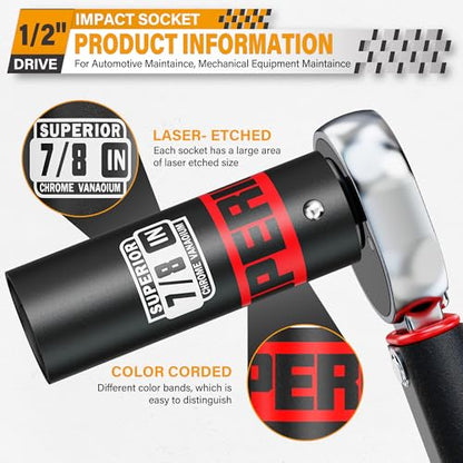 1/2" Drive Impact Socket, 7/8 inch Deep Socket, SAE, 6 Point, CR-V, for Car Repair, Loosen the Fastening Nut - size: 1/2" Drive 7/8 Inch Deep