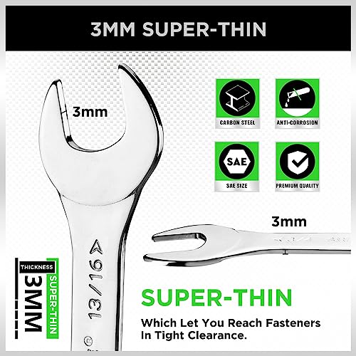 SWANLAKE 9-piece Super-Thin Open End Wrench Set, SAE 1/4", 9/32", 5/16", 3/8", 11/32", 13/32", 7/16", 1/2", 9/16", 11/16", 5/8", 19/32", 3/4", 13/16", 7/8", 15/16", 1", 1-1/16" with Rolling Pouch - style: 9PCS SAE Super-Thin