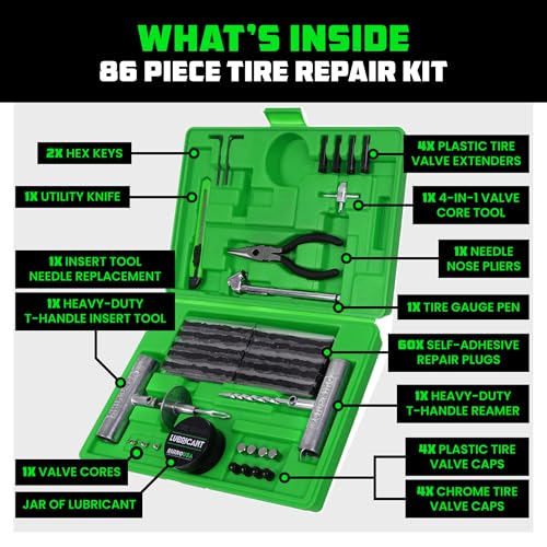 Rhino USA Tire Emergency Kit - Portable 150 PSI Air Compressor & 86-Piece Heavy Duty Repair Plug Kit, Essential Roadside Fix & Inflator for Car, Truck, ATV, RV