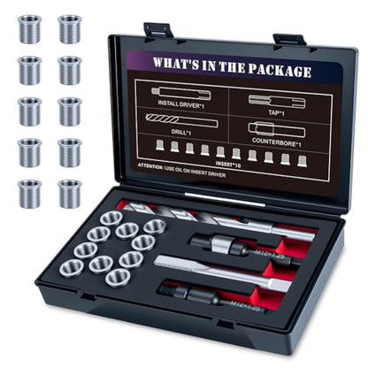 M12x1.25 Thread Repair Kit with Insert HSS Drill, Tap, Counterbore, Installation Driver, Metric, 10PCS Stainless Steel Insert M12X1.25X15MM