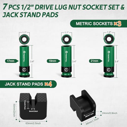 7Pcs 1/2" Wheel Protector Impact Socket Set with Jack Stand Pads | Impact Lug Nut Socket Set, Metric 17 19 21 mm, CR-MO Steel, 6-Point Thin Wall Socket Set, Universal Rubber Jack Pad Adapter - size: 7 PCS(Metric)