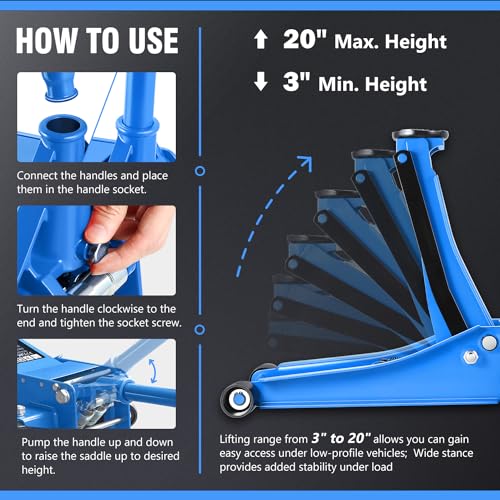 DNA Motoring Low Profile Hydraulic Trolley Service/Floor Jack, 3 Ton (6000 lbs) Capacity, Lifting Range 3"-20", Blue, TOOLS-00475 - color: Blue, style: 3 ton