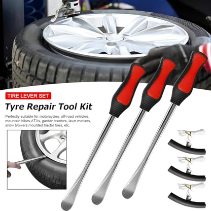 BELOMI Tire Spoons Lever Tool Set, Steel Professional Tire Changing Removal Kit with 1 Portable Bag + 3 Tire Spoons + 2 Rim Protectors, Tire Repair Tool for Vehicle, Bike, Lawn Mower (Red/Black) - color: Red/Black