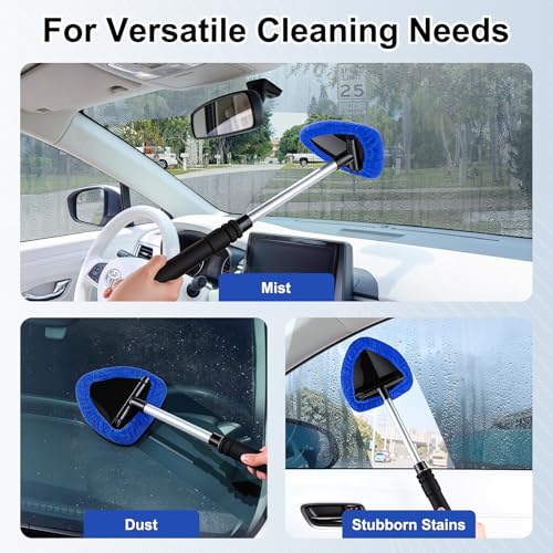 JUSTTOP Windshield Cleaner Tool, Car Interior and Exterior Window Cleaning Kit with Extendable Handle & 4 Reusable Microfiber Pads, Auto Glass Wiper Brush Kit for Car & Home Windows (Blue) - color: Blue