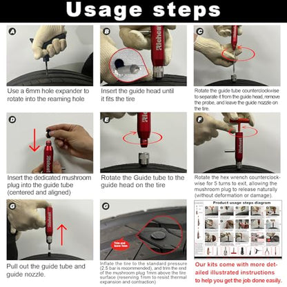 Richcat Tubeless Tire Puncture Repair Kit with Mushroom Plug, Repairs punctures and Flat Tires for Motorcycles, Cars, Trucks, ATVs and Tractors - size: 20Plugs Kit