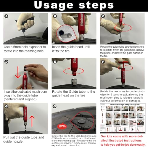 Richcat Tubeless Tire Puncture Repair Kit with Mushroom Plug, Repairs punctures and Flat Tires for Motorcycles, Cars, Trucks, ATVs and Tractors - size: 15Plugs Kit