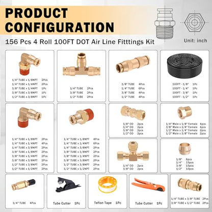 CheeMuii 156 PCS Brass DOT Air Line Fittings with 4 Roll 100FT 1/8" 1/4" 3/8" 1/2" DOT Air Lines Kit Push Lock Air Fitting Quick Connect Air Fittings with Air Hose Pneumatic Tubing - size: 100FT-4ROLL-152PCS