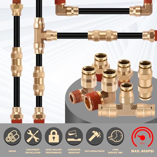 CheeMuii 3/8 Brass DOT Air Fittings With 32.8FT 3/8" DOT Air Line Kit Quick Connect DOT Air Line Fittings and PA12 Pneumatic Tubing for Semi Truck Trailer or Industrial Air System - size: 3/8Inch-15Pcs