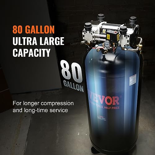 VEVOR 80 Gallons Air Compressor, 6.5HP 15.5SCFM@90 PSI Oil-Free Air Compressor Tank with 145PSI Max Pressure, 86dB Quiet Air Tank for Industrial Manufacturing, Air Brushing, Spraying (3-Phase Power) - size: 80 Gallon | 3-Phase Power