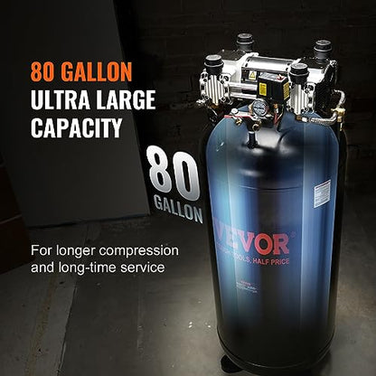 VEVOR 80 Gallons Air Compressor, 6.5HP 15.5SCFM@90 PSI Oil-Free Air Compressor Tank with 145PSI Max Pressure, 86dB Quiet Air Tank for Industrial Manufacturing, Air Brushing, Spraying (3-Phase Power) - size: 80 Gallon | 3-Phase Power