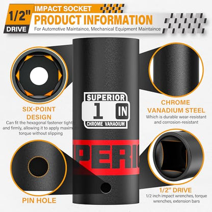 1/2" Drive Impact Socket, 1 inch Deep Socket, SAE, 6 Point, CR-V, for Car Repair, Loosen the Fastening Nut - size: 1/2" Drive 1 Inch Deep