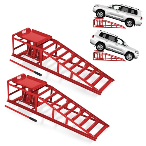 Heavy Duty Hydraulic Car Ramps 2 Pack, 5T/11000 Lbs Low Profile Adjustable Steel Lift Ramps for Trucks, SUVs & Low Cars, 9.4"–13.3" Height, Oil Changes, Garage Repairs & Maintenance – Red - color: Red